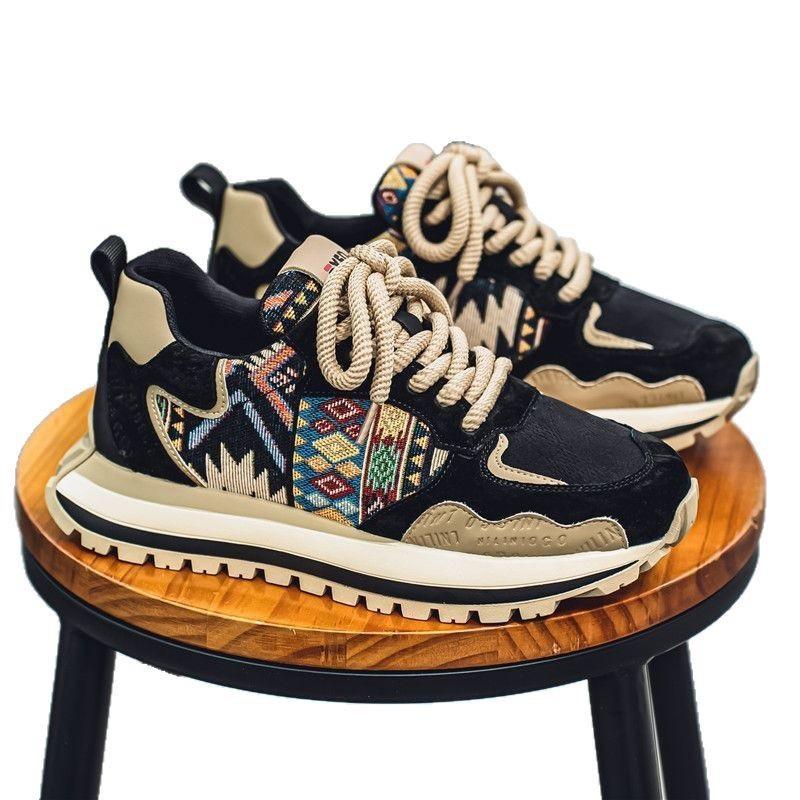 Men's Ethnic Pattern Retro Chunky Sneakers Casual Lace Up Outdoor Walking Shoes