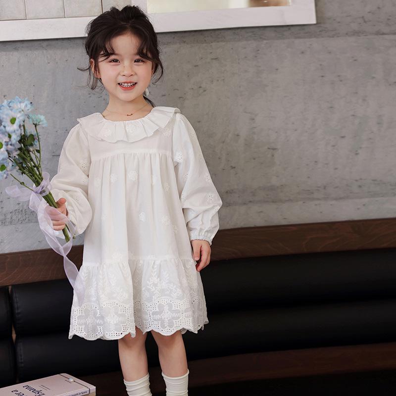 

Хлопковое платье с вышивкой для девочек, с длинным рукавом - Весенний западный стиль 120 cm белый