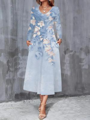 2025 Autumn and Winter New Women Casual Fashion Dress Autumn 3D Flower Print  Long Sleeve V-Neck A-Line Dresses