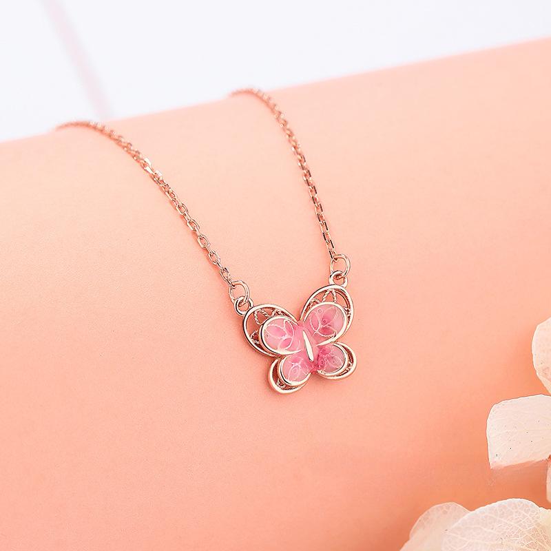 Sweet Pink Butterfly Dropping Gel Necklace for Women's New INS Princess Style Collar Chain Necklace Ornament