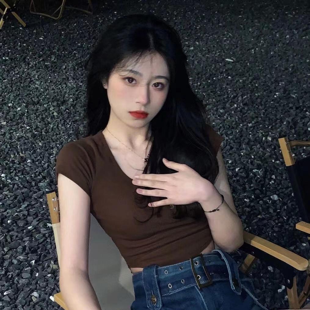 

Women s Summer Ribbed Shoulder Short Sleeve T-shirt - Clavicle Show Sexy Hot Girl Top M Premium кофейный