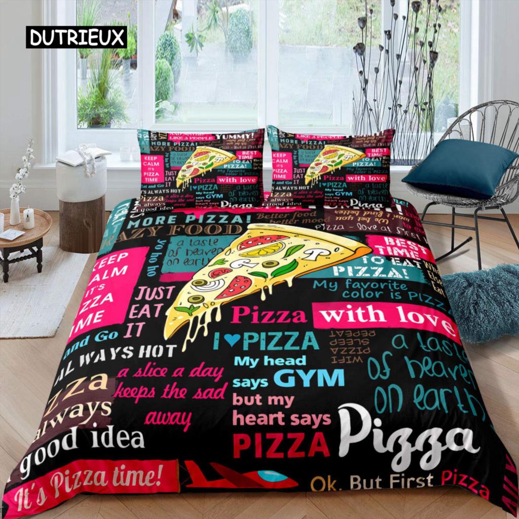 American Fast Food Duvet Cover Set Full Size Polyester Pizza Hotdog Hamburger Print Bedding Set French Fries Cartoon Quilt Cover