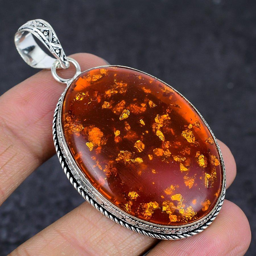 Natural Baltic Amber Gemstone 925 Sterling Silver Jewelry Pendant 2.56" r9A35