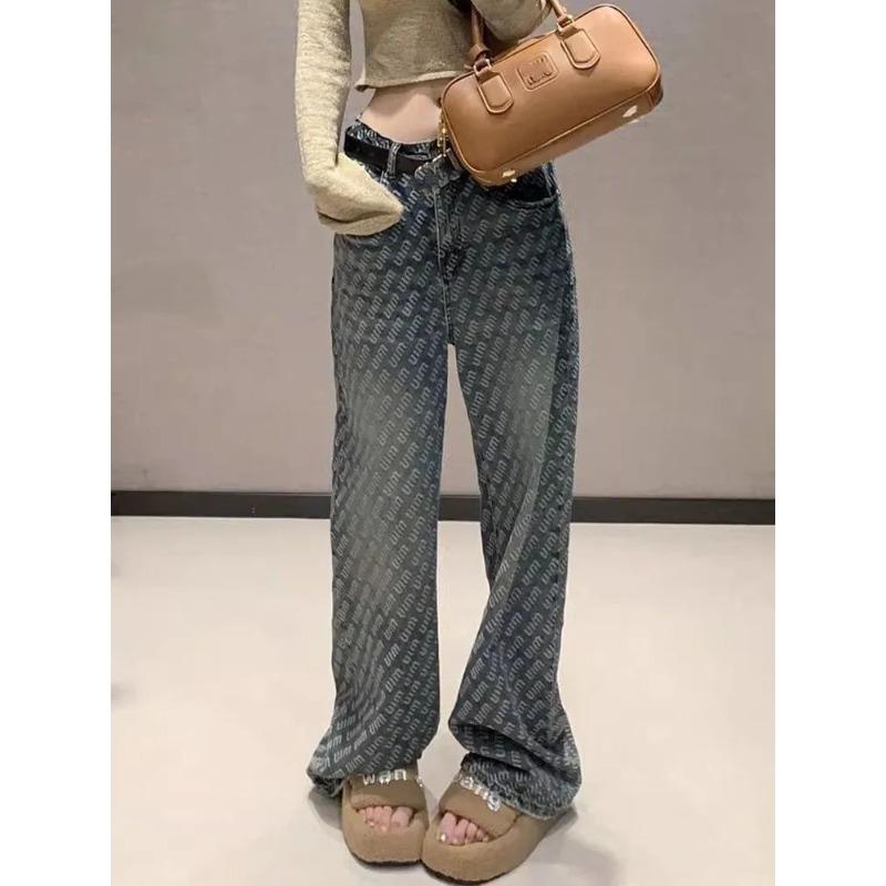 Autumn style design sense letter printing jeans women's loose and thin versatile high waist wide floor mopping straight pants