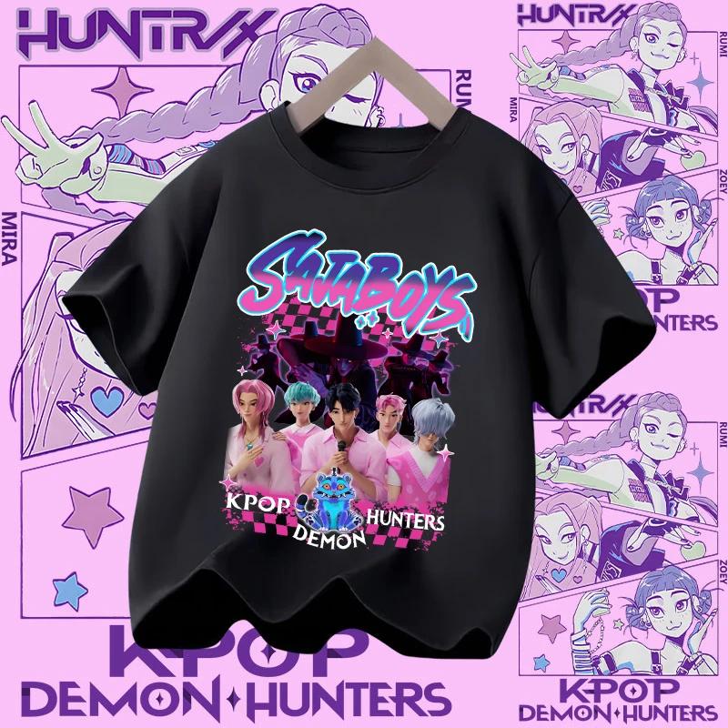 2026 new summer short-sleeved boys' casual shirt Polyester T-shirt for children aged 1-12, girls' sports shirt, K-pop Demon Hunter