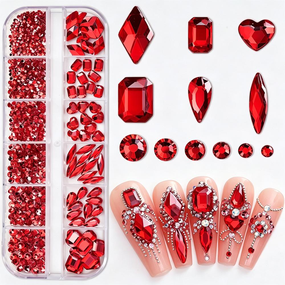 Mixed Color Flat Back Rhinestone Nail Art Kit with 12 Grids - Heart, Water Drop, and Rhombus Shapes.
