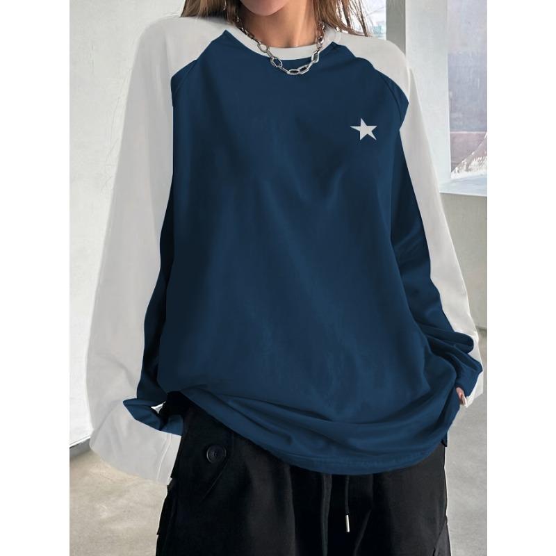 New Women's Star Print Raglan Sleeves Round Contrast Color Long Sleeve T-Shirt Fashionable, Casual and Versatile