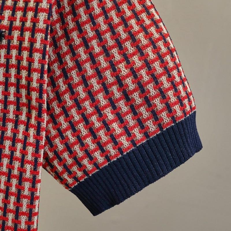 Ženy Léto Nová značka Design s výstřihem do O výstřih Diamonds Knoflík Mřížka Pletené svetry Retro Hit barva Krátký rukáv Tenký svetr