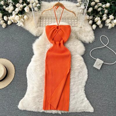 Summer Y2k Solid Sleeveless Long Dress Women Sexy Halter Knitt High Streetwear Dresses Female Fashion Chic Elastic Slim Party Clothes