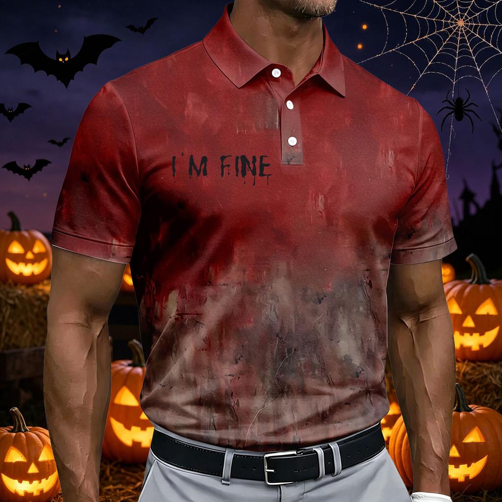 Men's Short Sleeve Casual Polo Shirt Halloween Print Breathable Lightweight Summer Shirt with Button Collar and Relaxed Fit