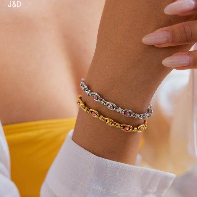 and American Style Versatile Stackable Bracelets for Women, Light Luxury Niche Exquisite 18K Gold-Plated Pink Zircon Titanium Steel Non-Fading Jewelry