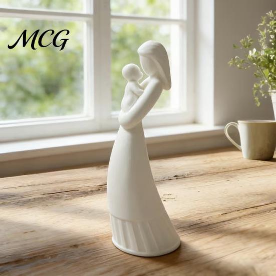 Artistic Table Centerpiece 3D Printed Mother and Child Sculpture, Matte White Abstract Embrace Statue with Slender Silhouette Anti-Tipping Base,