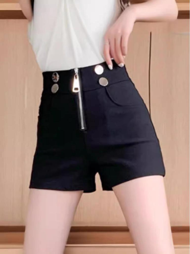2024 Women's High-Waisted Black Shorts - New Niche Design, Zipper, Casual, Versatile, Korean Style Hot Pants