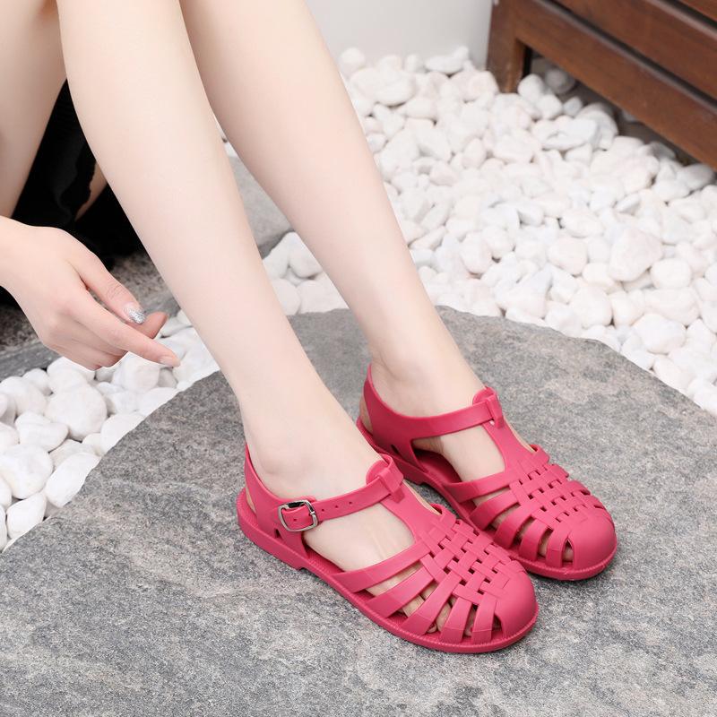 Baotou Sandals Women's Spring Summer Roman Sandals Outside Breathable Flat Casual Buckle Beach Jelly Sandals