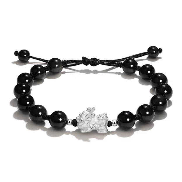 

Designer-recommended rose quartz, obsidian, cat s eye stone Pixiu couple s bracelet, fashionable men s and women s gold-swallowing beast bracelet Auspicious Pixiu in Black