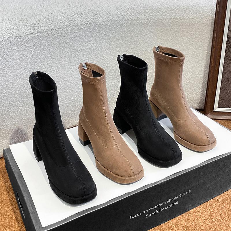 Martin boots women's autumn and winter new trendy thick heel square head short boots women's suede temperament thin high heel boots women