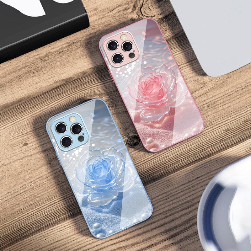 Gradientowy Kryształowa Róża Dla iPhone 16 E 15 14 13 Plus 12 mini 11 Pro Max XR Xs Max 16E X 7 8 6 6S 2022 Hartowane Szkło Pokrowiec na Telefon