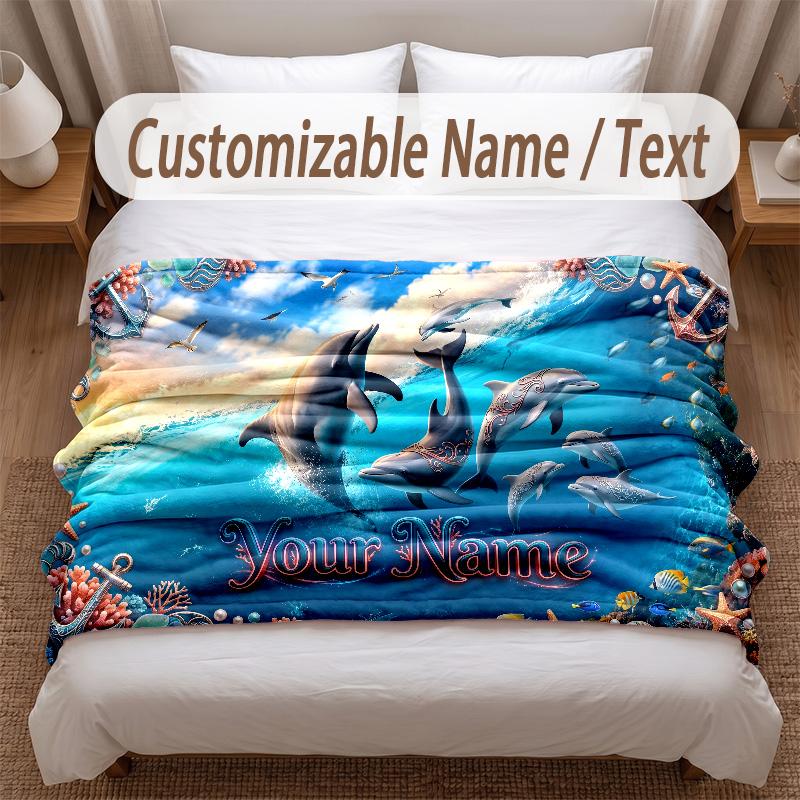 Fish Ocean Theme Soft Blanket Personalized Custom Name Text Print Warm Blanket Home Sofa Bedroom Decor