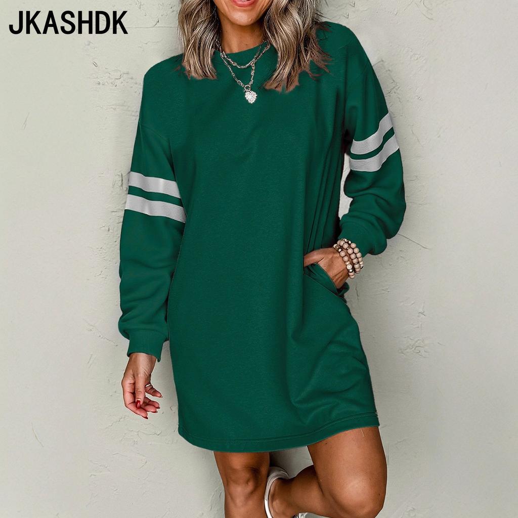 JKASHDK Women's Fashion Spring Fall Stripe Print Long Sleeve O-Neck Loose Waistline Casual Dresses
