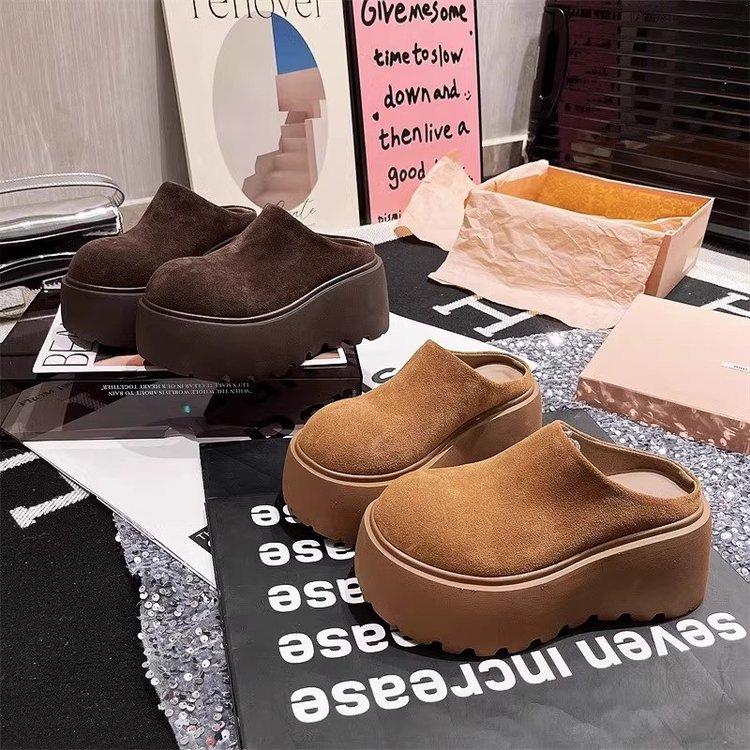 Frosted cowhide muffin thick-bottomed bag head half slippers women wear retro leather versatile small height-increasing wool slippers