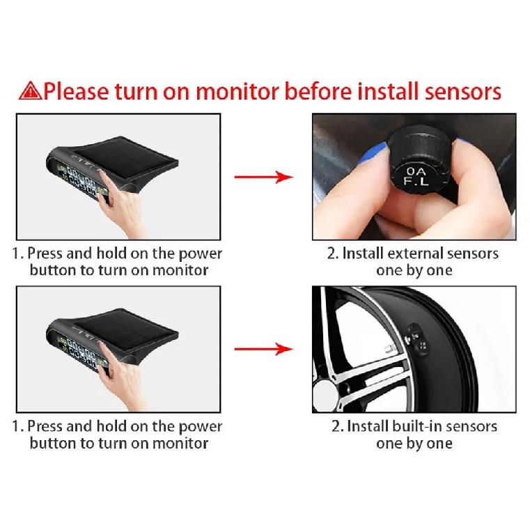 TPMS Tyre Pressure Monitoring System Solar Power LCD Display with 4 Internal/External Sensor  Waterproof Temperature Warning