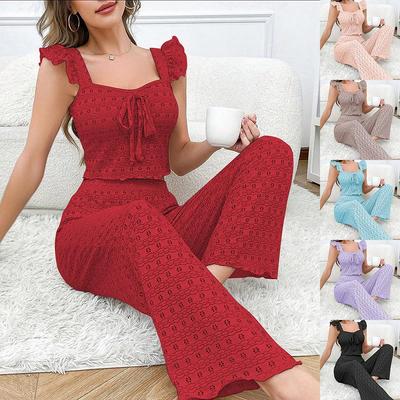 Spring Summer Solid Slim Pajamas Leisure Homewear Set Sexy Square Neck Two-piece Pj Sets Long-Sleeve Tops Pants Sleepwear