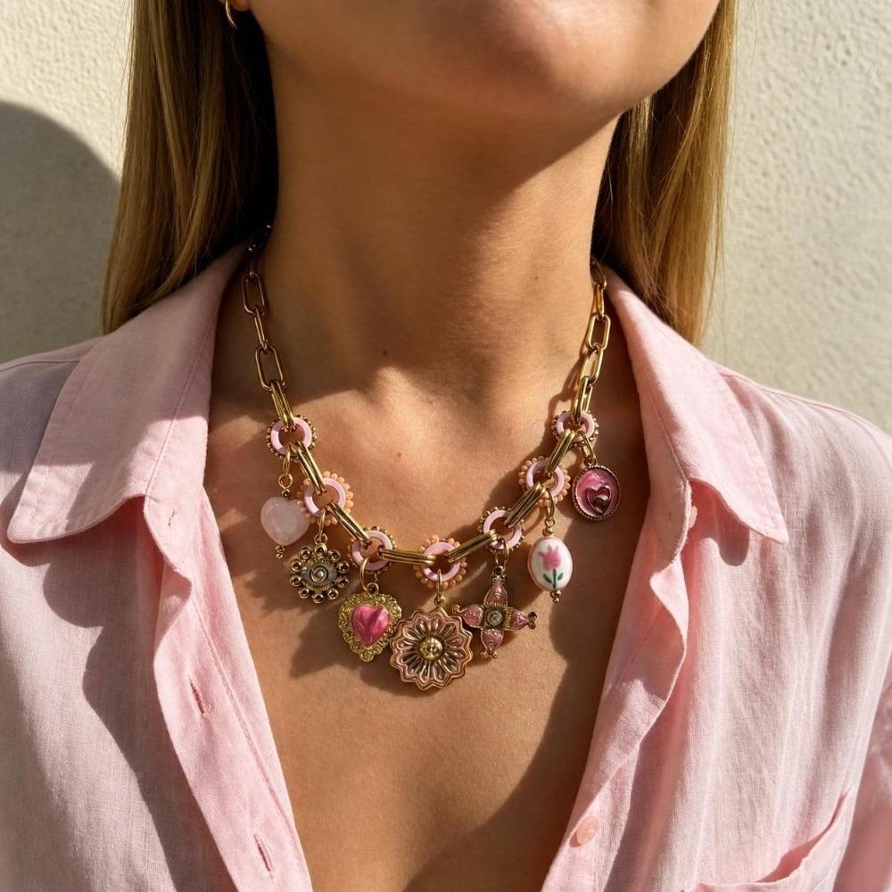 Adjustable Handmade Pendant Necklace Pink Enamel Boho Jewelry Elegant Multi Charms Necklace Women