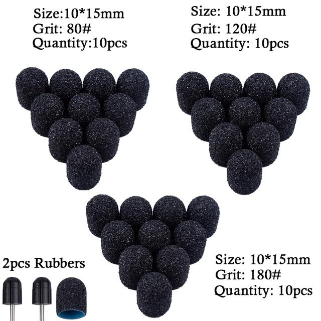 

30 шт. Шліфувальних ковпачків для нігтів із 2 гумовими наконечниками для зняття гель-лаку. Свердла для нігтів. Шліфувальна стрічка для педикюру, манікюрної машини. чорний