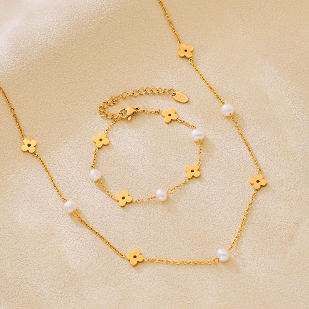 Sweet Flower Necklace Bracelet In Stainless Steel With Freshwater Pearl Neck Chains Choker Necklaces Bracelets Set For Women