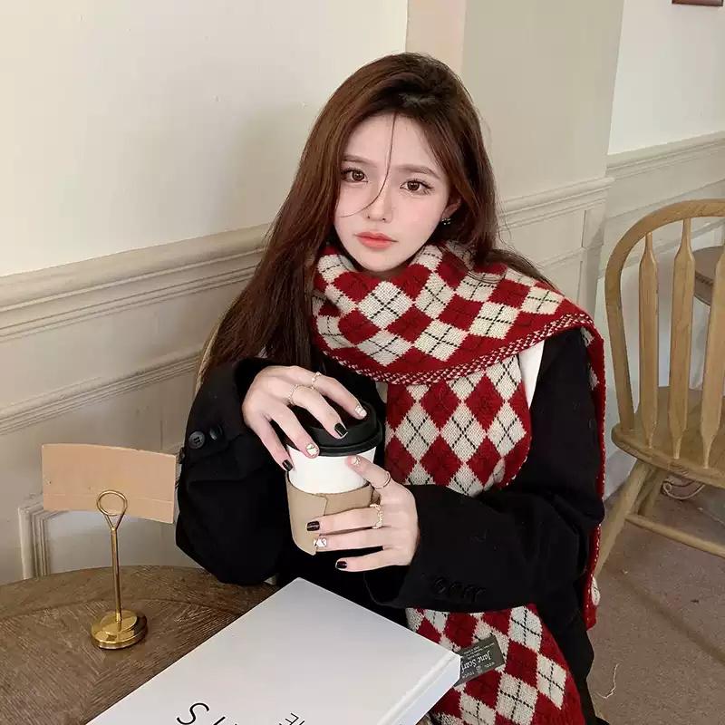 Red Scarf Women'S Winter Plaid Christmas Birthday Gift Year Gift Knitted Wool