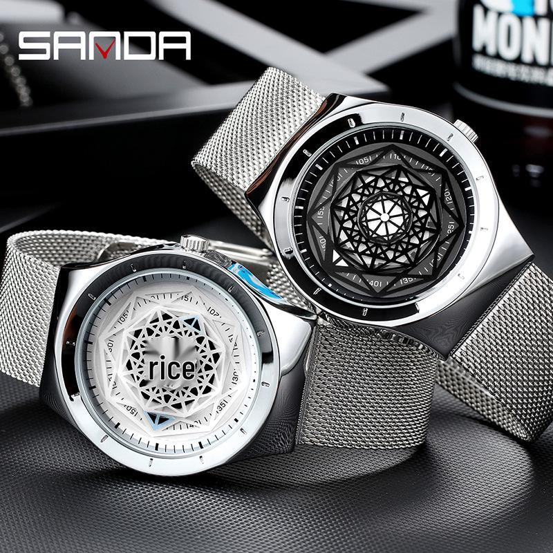 Sanda Men's Quartz Watch with Geometric Dial and Leather or Mesh Strap