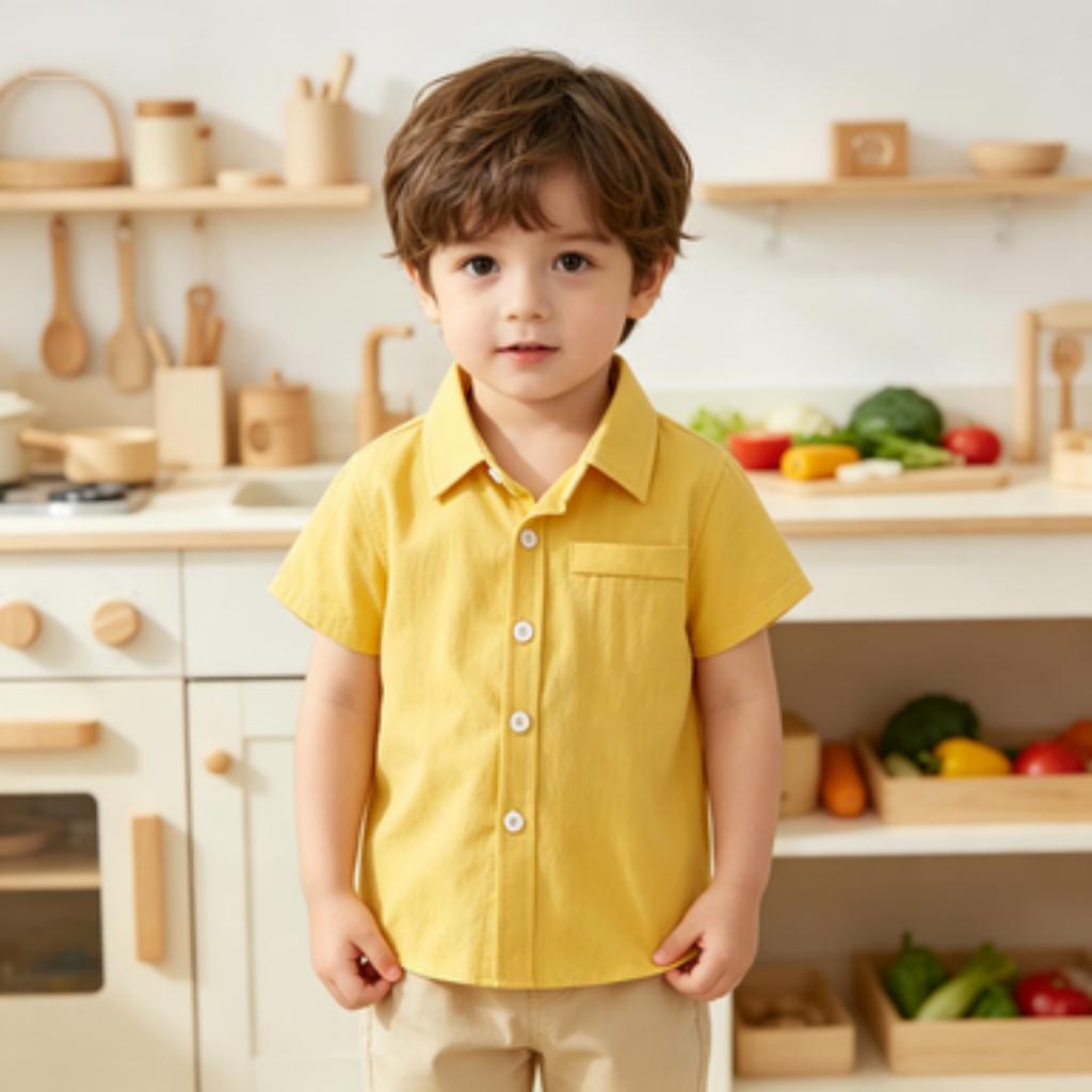 Boys' Cotton Short Sleeve Shirt Color Collared Casual Top for Everyday Outfits
