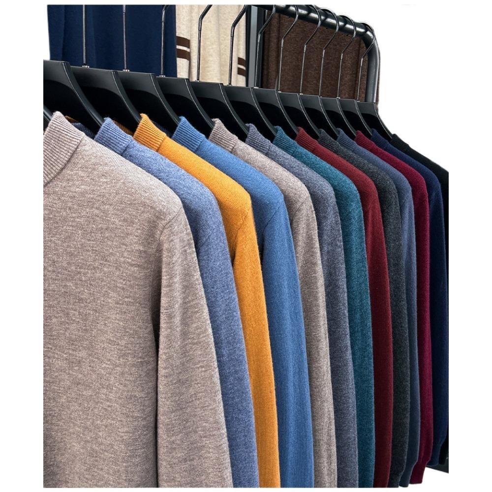 Men 100% Pure Wool Half Turtleneck Sweater, Warm Solid Knit Jumper for Autumn Winter Daily Wear