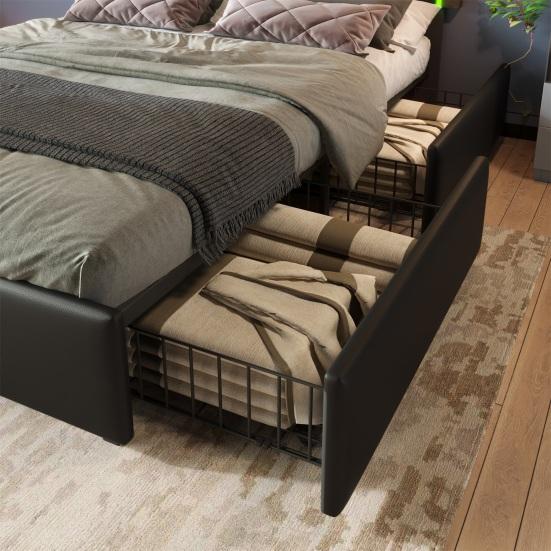 Bed Frame with LED Lighting Bar and 4 Drawers, Double Bed Upholstered Bed 140x200cm, Height-Adjustable Headboard, Functional Bed, Faux Leather Black