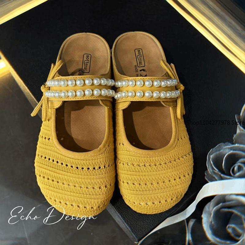 Fashion Bow Pearl Mules Women's Summer Half Slippers Thick Bottom Fashion Woven Lazy Cool Slippers Flats Round Toe Weave Ballet Shoe