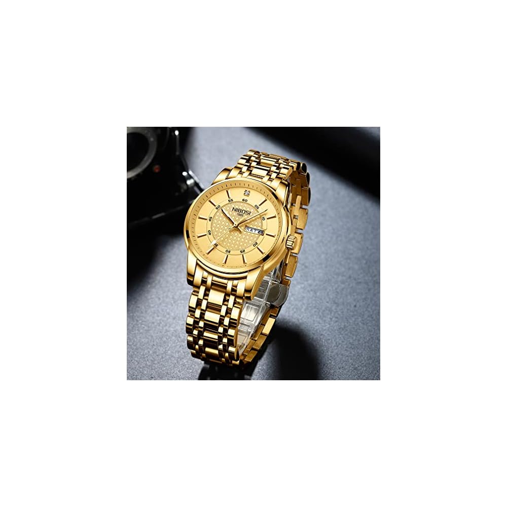 Nibosi Classic Men's Watch Gold Stainless Steel Analog Waterproof Casual with Date Display Metal Band
