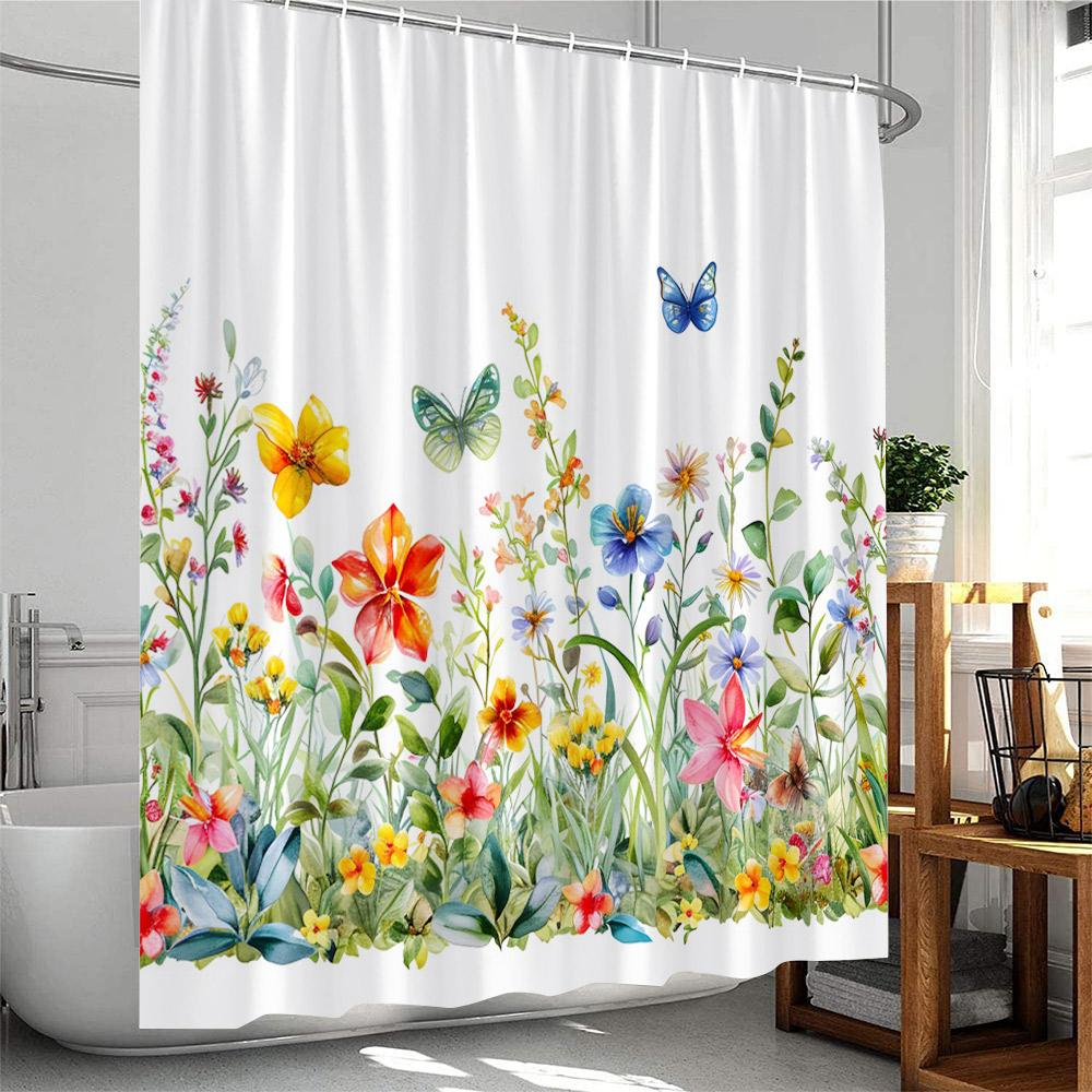 Floral Plants Shower Curtain Flowers Bamboo Butterfly Green Vines Botanical Herb Modern Bathroom Decor Polyester Bathtub Curtain