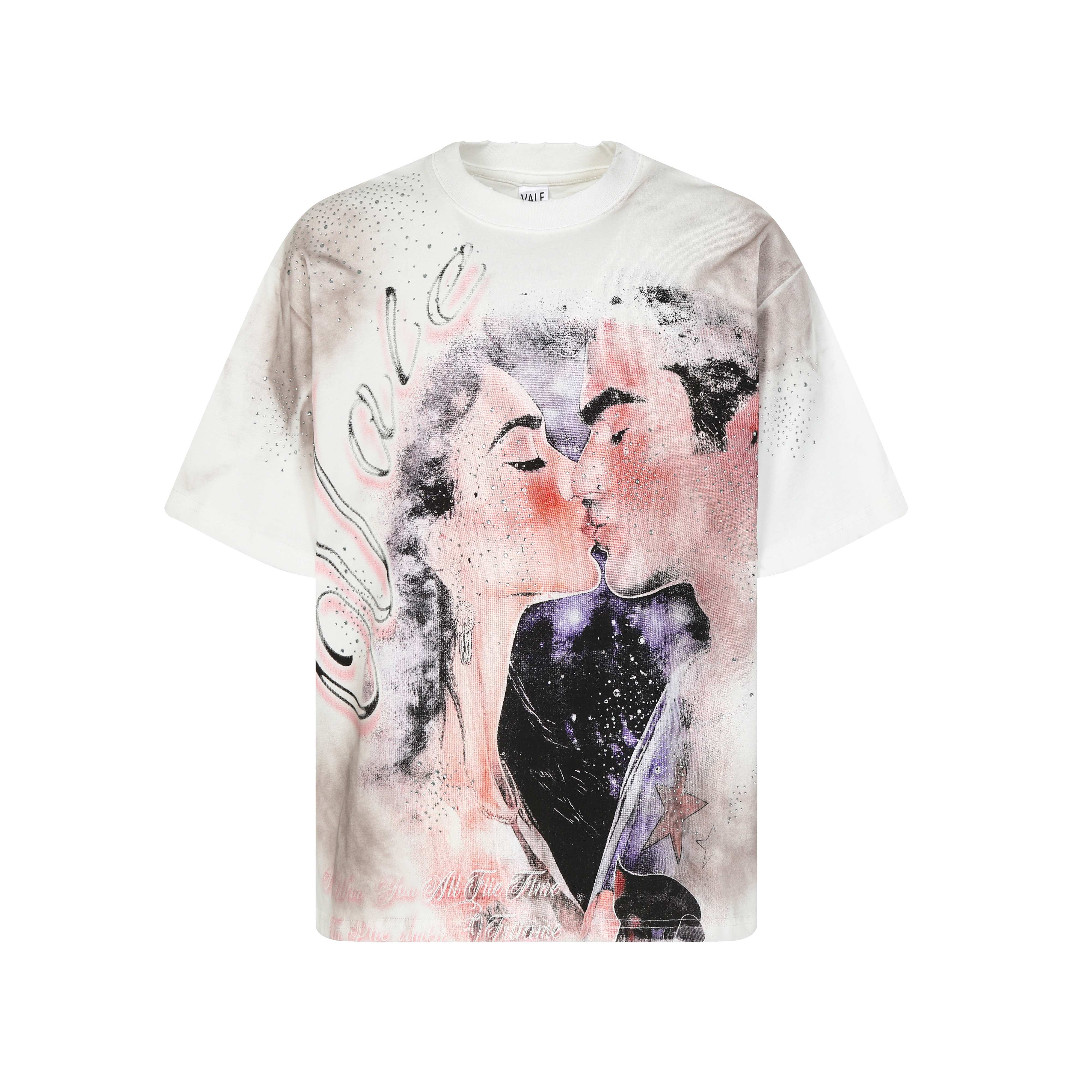 

2026 Summer Unisex Rhinestone Kiss Couple Graphic Acid Wash Cotton T-Shirt Romantic Retro Streetwear Short Sleeve Tee Men Women S