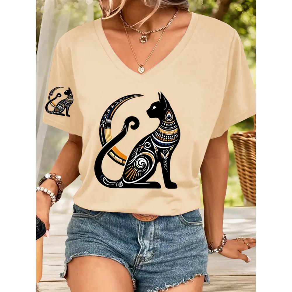 Women's Fashion T-Shirt Short Sleeve 3D Cat Print Top Tees V-Neck Casual Woman Graphics Clothes Women's Clothing