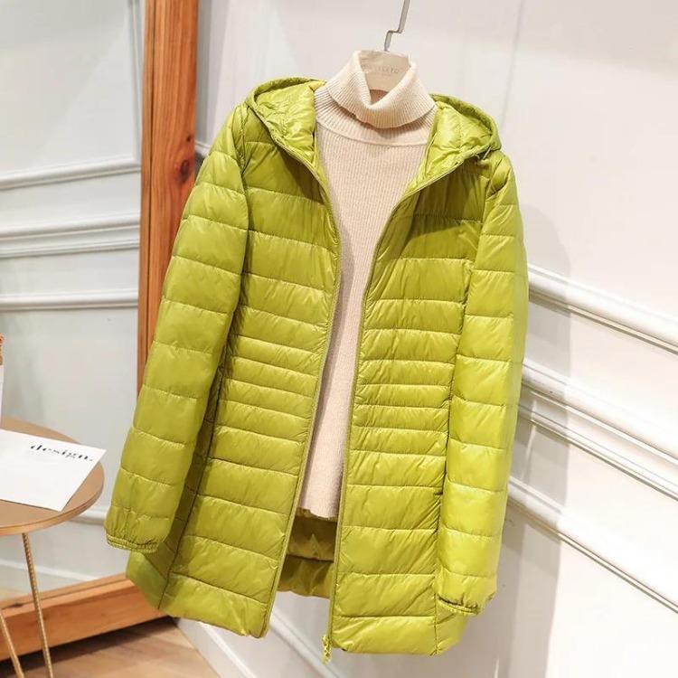 

Women Light Down Jacket Hip-Length High Street Female Long Warm Down Coat with Portable Storage Bag Ladies Overcoats XS