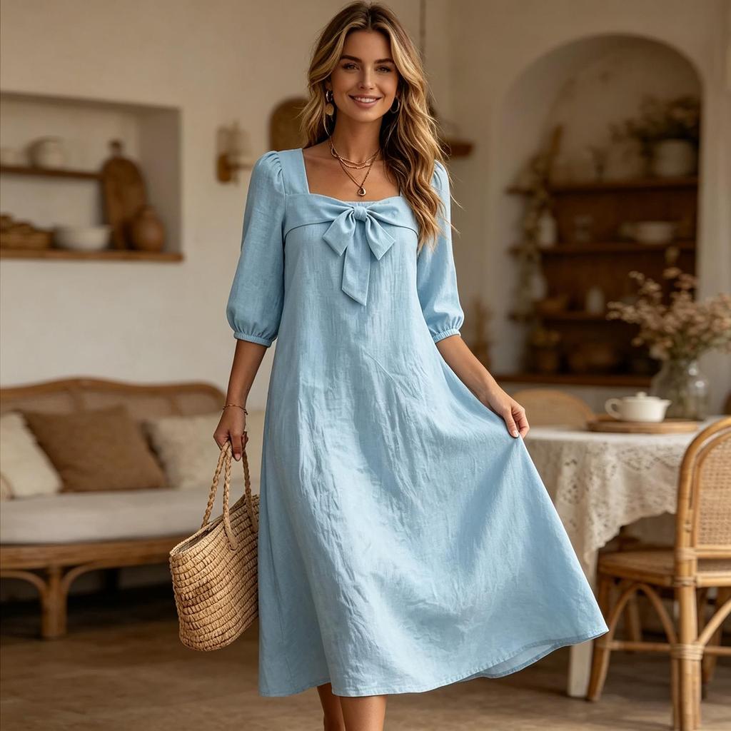 Abito midi casual da donna a vestibilità larga con maniche a sbuffo, scollo quadrato frontale e tessuto leggero