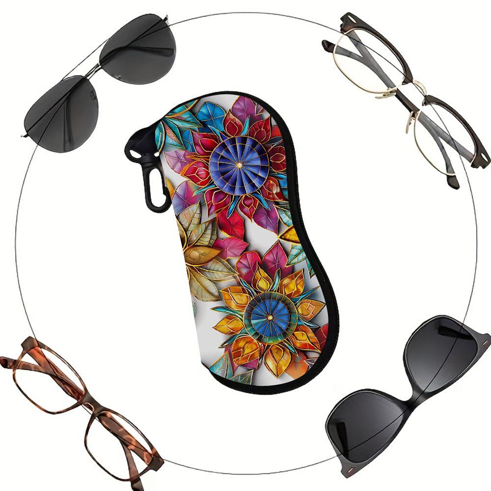 2D-Colorful Stained Glass Flower Print Sunglasses Case, Zipper Eyeglasses Protective Holder, Portable Floral Eyewear Storage Box for Travel Gifts