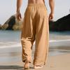 Mens Linen Wide Legs Pants Summer Solid Color Loose Casual Pants Breathable Drawstring Elastic Waist Straight Trousers with Pockets