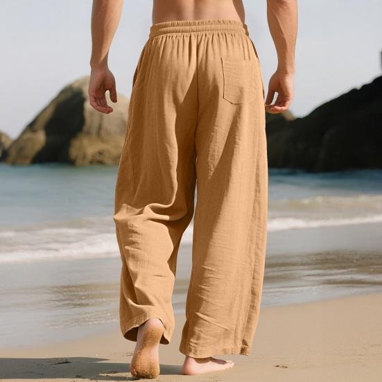 Mens Linen Wide Legs Pants Summer Solid Color Loose Casual Pants Breathable Drawstring Elastic Waist Straight Trousers with Pockets