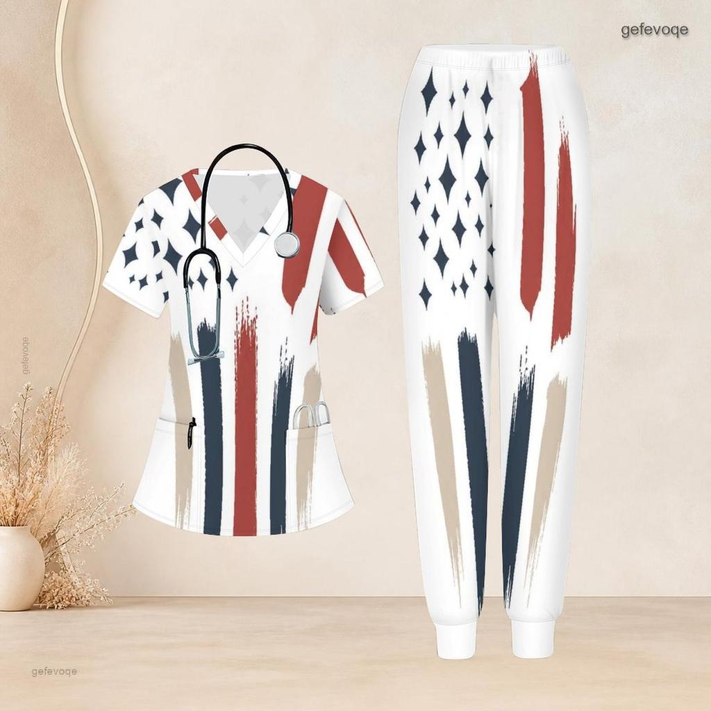 Women Plus Size V Neck Short Sleeve Scrub Set Retro American Flag Star Stripe Print Nurse Uniform Set