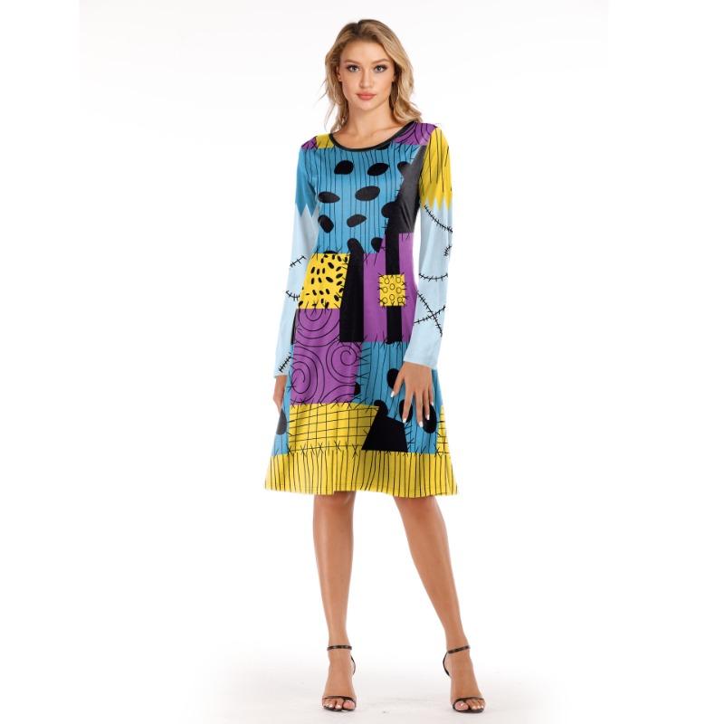 

Осенняя одежда Хэллоуин Женская одежда Платье с нашивками Салли Новое платье с круглым вырезом и длинными рукавами XXL