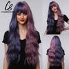 CharmSource Lange natürliche gewellte Perücke mit ordentlichem Pony/Fransen für Frauen, rosa Haar, synthetische Perücken, Cosplay, Party, hitzebeständige Faser