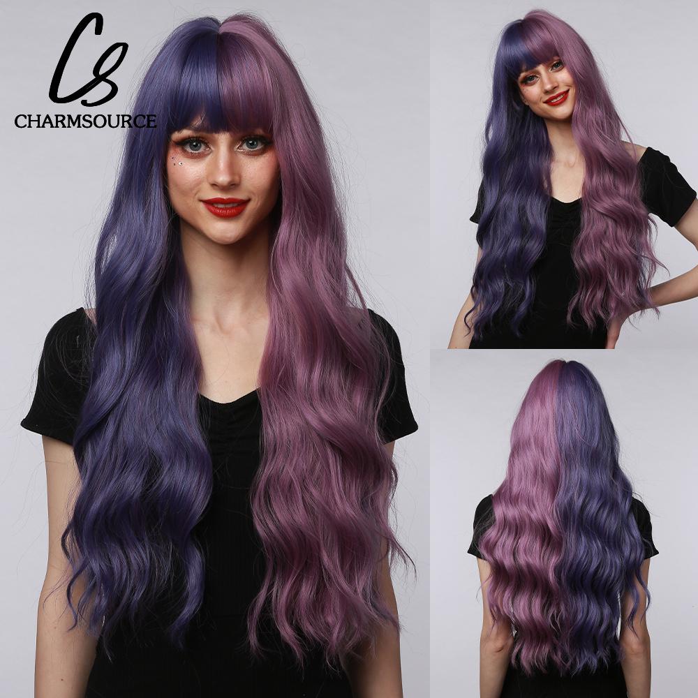 CharmSource Lange natürliche gewellte Perücke mit ordentlichem Pony/Fransen für Frauen, rosa Haar, synthetische Perücken, Cosplay, Party, hitzebeständige Faser