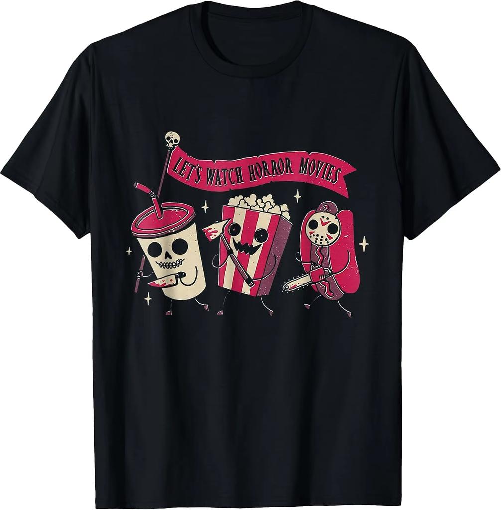 2026 Cute Horror Movie Snack Cartoon Crew Neck Tshirt Vintage Food Character Graphic Casual Short Sleeve Top Unisex Unisex