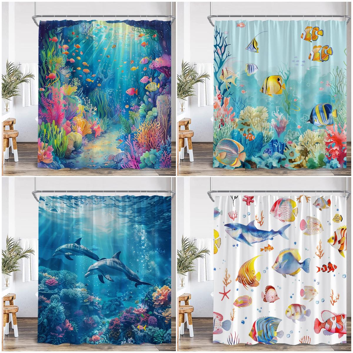 Monika Chen Coral Undersea Cartoon Shower Curtain Sea Turtle Seaweed Tropical Fish Ocean Bathroom Decor Polyester Fabric Bathtub Curtain